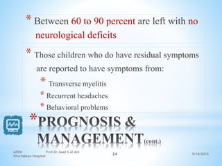5/18/2015
ADEM Prof.Dr.Saad S Al Ani
Khorfakkan Hospital
24
*
* Between 60 to 90 percent are left with no
neurological deficits
* Those children who do have residual symptoms
are reported to have symptoms from:
* Transverse myelitis
* Recurrent headaches
* Behavioral problems
 