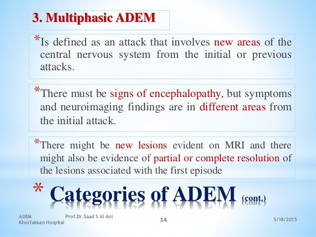 5/18/2015
ADEM Prof.Dr.Saad S Al Ani
Khorfakkan Hospital
14
* Categories of ADEM (cont.)
3. Multiphasic ADEM
*Is defined a...