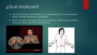 ¿Qué implican?
 Mover las manos, los hombros o el cuerpo entero, a fin de expresar
ideas, estados de ánimo o actitudes.
 Mover los ojos y la boca, así como inclinar la cabeza, para reforzar
lo que se dice y transmitir sentimientos.
 