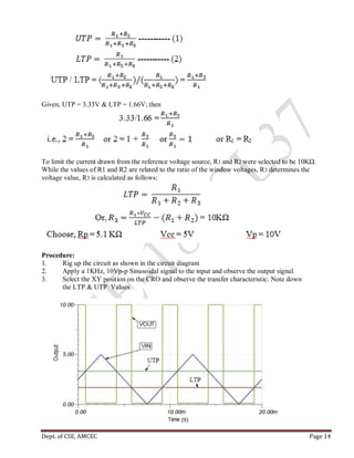 Dept. of CSE, AMCEC Page 14
Given, UTP = 3.33V & LTP = 1.66V; then
To limit the current drawn from the reference voltage source, R1 and R2 were selected to be 10KΩ.
While the values of R1 and R2 are related to the ratio of the window voltages, R3 determines the
voltage value, R3 is calculated as follows:
Procedure:
1. Rig up the circuit as shown in the circuit diagram
2. Apply a 1KHz, 10Vp-p Sinusoidal signal to the input and observe the output signal.
3. Select the XY position on the CRO and observe the transfer characteristic. Note down
the LTP & UTP Values.
 