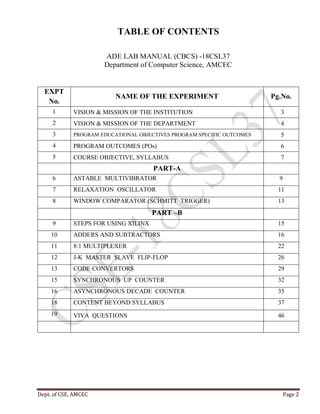 Dept. of CSE, AMCEC Page 2
TABLE OF CONTENTS
ADE LAB MANUAL (CBCS) -18CSL37
Department of Computer Science, AMCEC
EXPT
No.
NAME OF THE EXPERIMENT Pg.No.
1 VISION & MISSION OF THE INSTITUTION 3
2 VISION & MISSION OF THE DEPARTMENT 4
3 PROGRAM EDUCATIONAL OBJECTIVES PROGRAM SPECIFIC OUTCOMES 5
4 PROGRAM OUTCOMES (POs) 6
5 COURSE OBJECTIVE, SYLLABUS 7
PART-A
6 ASTABLE MULTIVIBRATOR 9
7 RELAXATION OSCILLATOR 11
8 WINDOW COMPARATOR (SCHMITT TRIGGER) 13
PART –B
9 STEPS FOR USING XILINX 15
10 ADDERS AND SUBTRACTORS 16
11 8:1 MULTIPLEXER 22
12 J-K MASTER SLAVE FLIP-FLOP 26
13 CODE CONVERTORS 29
15 SYNCHRONOUS UP COUNTER 32
16 ASYNCHRONOUS DECADE COUNTER 35
18 CONTENT BEYOND SYLLABUS 37
19 VIVA QUESTIONS 46
 