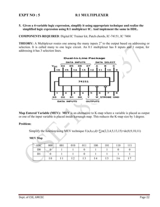 Dept. of CSE, AMCEC Page 22
EXPT NO : 5 8:1 MULTIPLEXER
5. Given a 4-variable logic expression, simplify it using appropriate technique and realize the
simplified logic expression using 8:1 multiplexer IC. And implement the same in HDL.
COMPONENTS REQUIRED: Digital IC Trainer kit, Patch chords, IC-74151, IC 7404
THEORY: A Multiplexer routes one among the many inputs 2n
to the output based on addressing or
selection. It is called many to one logic circuit. An 8:1 multiplexer has 8 inputs and 1 output, for
addressing it has 3 selection lines.
Map Entered Variable (MEV): MEV is an alternative to K-map where a variable is placed as output
or one of the input variable is placed inside karnaugh map. This reduces the K-map size by 1 degree.
Problem:
Simplify the function using MEV technique f (a,b,c,d)=∑m(2,3,4,5,13,15)+dc(8,9,10,11)
MEV Map
ABC 000 001 010 011 100 101 110 111
D0 0 1 1 0 1 1 0 0
D1 0 1 1 0 1 1 1 1
I 0 I 1 I 2 I 3 I 4 I 5 I 6 I 7
 