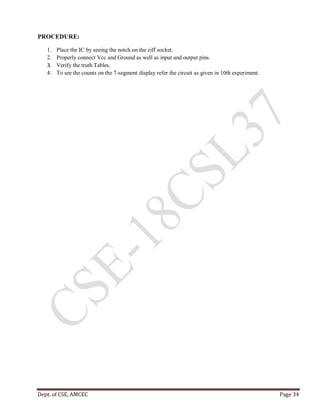 Dept. of CSE, AMCEC Page 34
PROCEDURE:
1. Place the IC by seeing the notch on the ziff socket.
2. Properly connect Vcc and Ground as well as input and output pins.
3. Verify the truth Tables.
4. To see the counts on the 7-segment display refer the circuit as given in 10th experiment.
 