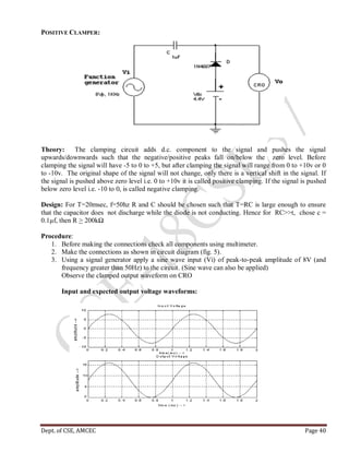 Dept. of CSE, AMCEC Page 40
POSITIVE CLAMPER:
Theory: The clamping circuit adds d.c. component to the signal and pushes the signal
upwards/downwards such that the negative/positive peaks fall on/below the zero level. Before
clamping the signal will have -5 to 0 to +5, but after clamping the signal will range from 0 to +10v or 0
to -10v. The original shape of the signal will not change, only there is a vertical shift in the signal. If
the signal is pushed above zero level i.e. 0 to +10v it is called positive clamping. If the signal is pushed
below zero level i.e. -10 to 0, is called negative clamping.
Design: For T=20msec, f=50hz R and C should be chosen such that T=RC is large enough to ensure
that the capacitor does not discharge while the diode is not conducting. Hence for RC>>t, chose c =
0.1µf, then R > 200kΩ
Procedure:
1. Before making the connections check all components using multimeter.
2. Make the connections as shown in circuit diagram (fig. 5).
3. Using a signal generator apply a sine wave input (Vi) of peak-to-peak amplitude of 8V (and
frequency greater than 50Hz) to the circuit. (Sine wave can also be applied)
Observe the clamped output waveform on CRO
Input and expected output voltage waveforms:
 