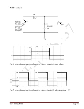 Dept. of CSE, AMCEC Page 42
Positive Clamper
Fig. 6: Input and output waveform for positive clamper without reference voltage.
Fig. 7: Input and output waveform for positive clamper circuit with reference voltage = 2V
 