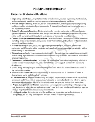 Dept. of CSE, AMCEC Page 6
PROGRAM OUTCOMES (POs)
Engineering Graduates will be able to:
1. Engineering knowledge: Apply the knowledge of mathematics, science, engineering Fundamentals,
and an engineering specialization to the solution of complex engineering problems.
2. Problem analysis: Identify, formulate, review research literature, and analyze complex engineering
problems reaching substantiated conclusions using first principles of mathematics, natural sciences,
and engineering sciences.
3. Design/development of solutions: Design solutions for complex engineering problems and design
system components or processes that meet the specified needs with appropriate consideration for the
public health and safety, and the cultural, societal, and environmental considerations.
4. Conduct investigations of complex problems: Use research-based knowledge and research methods
including design of experiments, analysis and interpretation of data, and synthesis of the information
to provide valid conclusions.
5. Modern tool usage: Create, select, and apply appropriate techniques, resources, and modern
engineering and IT tools including prediction and modeling to complex engineering activities with an
understanding of the limitations.
6. The engineer and society: Apply reasoning informed by the contextual knowledge to assess societal,
health, safety, legal and cultural issues and the consequent responsibilities relevant to the professional
engineering practice.
7. Environment and sustainability: Understand the impact of the professional engineering solutions in
societal and environmental contexts, and demonstrate the knowledge of, and need for sustainable
development.
8. Ethics: Apply ethical principles and commit to professional ethics and responsibilities and norms of
the engineering practice.
9. Individual and team work: Function effectively as an individual, and as a member or leader in
diverse teams, and in multidisciplinary settings.
10. Communication: Communicate effectively on complex engineering activities with the engineering
community and with society at large, such as, being able to comprehend and write effective reports
and design documentation, make effective presentations, and give and receive clear instructions.
11. Project management and finance: Demonstrate knowledge and understanding of the engineering
and management principles and apply these to one’s own work, as a member and leader in a team, to
manage projects and in multidisciplinary environments.
12. Life-long learning: Recognize the need for, and have the preparation and ability to engage in
independent and life-long learning in the broadest context of technological change.
 
