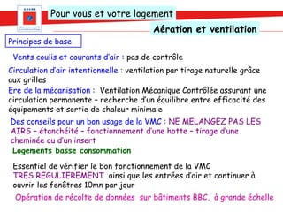 Pour vous et votre logement
                                        Aération et ventilation
Principes de base
 Vents coulis et courants d’air : pas de contrôle
Circulation d’air intentionnelle : ventilation par tirage naturelle grâce
aux grilles
Ere de la mécanisation : Ventilation Mécanique Contrôlée assurant une
circulation permanente – recherche d’un équilibre entre efficacité des
équipements et sortie de chaleur minimale
Des conseils pour un bon usage de la VMC : NE MELANGEZ PAS LES
AIRS – étanchéité – fonctionnement d’une hotte – tirage d’une
cheminée ou d’un insert
 Logements basse consommation
 Essentiel de vérifier le bon fonctionnement de la VMC
 TRES REGULIEREMENT ainsi que les entrées d’air et continuer à
 ouvrir les fenêtres 10mn par jour
 Opération de récolte de données sur bâtiments BBC, à grande échelle
 