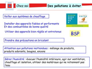 Chez soi                   Des pollutions à éviter


Veiller aux systèmes de chauffage

Installer des appareils fiables et performants
Et des combustibles de bonne qualité
Utiliser des appareils bien réglés et entretenus
                                                          BSP
Prendre des précautions en bricolant


Attention aux pollutions inattendues : mélange de produits,
produits odorants, bougies, encens


Gérer l’humidité : évacuer l’humidité intérieure, agir sur ventilation,
chauffage et isolation, utiliser des matériaux qui ne retiennent pas
l’eau
 