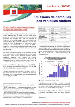 LES AVIS DE L’ADEME

Emissions de particules
des véhicules routiers
Enjeux sanitaires de la pollution de
l’air par les particules fines
La pollution de l’air par les particules fines est un enjeu sanitaire
1
majeur. Le rapport CAFE de février 2005 sur la qualité de l’air
précise que « la santé humaine est sérieusement menacée par
l'exposition aux particules fines » avec une réduction de
l’espérance de vie de 8,2 mois pour la France attribuable aux
particules fines PM2,5 d’origine anthropique. D’autre part
l’étude2 de l’OMS Europe publiée en 2000 montre que la
pollution par les particules PM10 est à l’origine de 19 200 à
44 400 morts prématurées3 en France chaque année (6% des
décès, en moyenne), dont la moitié est attribuée aux émissions
du trafic routier.
Les études scientifiques montrent qu’une exposition de court
terme aux particules fines suffit à accroître la morbidité cardiorespiratoire, tandis qu’une exposition chronique favorise
l’apparition d’asthme chez l’adulte4, de bronchopneumopathies chroniques obstructives et d’altération du
développement de la fonction respiratoire chez l'enfant, de
maladies cardiovasculaires et de cancers du poumon.

Seuils réglementaires PM10 et PM2,5 dans l’air ambiant directive 2008/50/CE

Dans certaines zones urbaines françaises, et particulièrement
à proximité du trafic routier, ces seuils sont régulièrement
dépassés. Depuis le 18 mai 2011, la Commission Européenne
poursuit notamment la France devant la Cour de Justice de
l’Union Européenne pour non-respect des valeurs limites de
PM10 dans 15 zones, dont 12 agglomérations de plus de
100 000 habitants.

Le Commissariat Général au Développement Durable (CGDD) 5 a
établi un coût de cette pollution compris entre 20 et 30 Md€,
soit 400 à 500 €/habitant pour l’année 2000.
C’est pourquoi les directives européennes de qualité de l’air ont
fixé successivement6 des niveaux maximum de particules
admissibles dans l’air ambiant pour les PM10 depuis 1999 et
pour les PM2,5 depuis 2008.
Fig 1 - Source : Bilan Qualité de l’Air 2011 - MEDDE

1

Rapport IIASA 2005 Baseline Scenarios for the Clean Air for Europe (CAFE)
Programme
2
N Künzli, R Kaiser, S Medina et al. “Public-health impact of outdoor and trafficrelated air pollution : a European assessment” Lancet 2000; 356: 795–801.
3
Mort prématurée : baisse d’espérance de vie pour un adulte de plus de 30 ans,
hors mort accidentelle ou violente
4
étude APHEKOM (2011) piloté par l’INVS pour la Commission Européenne
5
Pour la Commission des comptes de l’économie et de l’environnement (CCEE)
et la commission des comptes des transports de la nation (CCTN)
6
Les niveaux de PM10 et de PM2,5 dans l’air ambiant sont respectivement
règlementés depuis la directive 1999/30/CE et la directive 2008/50/CE.

En 20107, le trafic routier contribue à 14% des émissions de
particules primaires (PM2,5) au niveau national. Ces émissions
se trouvent bien souvent concentrées dans les zones
urbanisées où vit environ 80% de la population.
C’est pourquoi depuis 1993 les normes européennes
d’émissions (normes Euro) fixent des seuils maximum

7

d’après le CITEPA

Novembre 2012 – Emissions de particules des véhicules routiers
L’ADEME est un établissement public placé sous la tutelle conjointe des ministères de l’Ecologie, du Développement durable et de l’Energie, et de l’Enseignement supérieur et de la Recherche

 