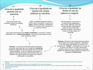 (1) Platão (427-347 a. C.) e Aristóteles (384-322 a. C.) foram dois dos mais notáveis filósofos da Grécia Antiga. Os seus escritos tiveram enorme influência no pensamento
ocidental.
(2) Esta nova divisão pretendia igualmente acabar com as rivalidades entre as quatro tribos tradicionais.
(3) Termo pelo qual os Gregos designavam as pequenas comunidades em que viviam. Pólis também pode ter o sentido mais restrito de Estado, comunidade de cidadãos
ou cidade propriamente dita.
(4) Significa povo 6
1º
Criou-se a igualdade
perante a lei ou
isonomia
2º
Criou-se a igualdade de
acesso aos cargos
políticos ou isocracia.
3º
Criou-se a igualdade de
direito no uso da
palavra ou isegoria
A lei era para todos, sem
excepção, devendo os cidadãos
obediência.
Todos os cidadãos atenienses tinham o
direito e dever de participar no governo da
pólis(3)
. Sendo as decisões, normalmente
tomadas em conjunto e que respeitavam a
vontade da maioria.
Nas assembleias, nos tribunais ou
no exercício das magistraturas,
todos podiam defender, livremente,
as suas opiniões. A liberdade de
palavra só era limitada pelos
interesse do Estado, o que deixava
a todos uma larga margem de
expressão.Esta audácia democrática levou Platão e Aristóteles(1)
a conotarem o sistema
democrático com o “governo dos pobres”, uma vez que mais pessoas a votar
maior importância tinham.
Clístenes ( fundador da democracia ateniense) esteve
sempre ligado os princípios igualitários , estabeleceu
uma nova divisão administrativa do território, que
fraccionou em 10 tribos(2)
, subdivididas, por sua vez, em
10 demos (100 demos(4),
ao todo). Sendo assim
sorteados, todos os anos, os cidadãos que deveriam
trabalhar nos diferentes órgãos políticos da cidade. Dai a
designação de Democracia.
Péricles, é um dos mais conhecidos políticos atenienses
concluindo estas reformas com a criação das mistoforias
(espécie de pagamento feito pelo Estado aos que exerciam
funções públicas). Foram as mitoforias que tornaram o
sistema de democracia directa viável pois permitiram aos
cidadãos mais pobres dedicar uma parte do seu tempo à
participação na vida politica.
 