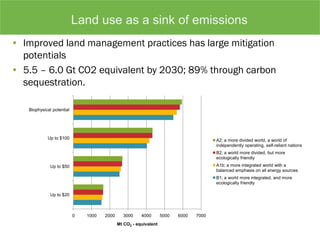 • Improved land management practices has large mitigation
potentials
• 5.5 – 6.0 Gt CO2 equivalent by 2030; 89% through carbon
sequestration.
Land use as a sink of emissions
0 1000 2000 3000 4000 5000 6000 7000
Up to $20
Up to $50
Up to $100
Biophysical potential
Mt CO2 - equivalent
A2; a more divided world, a world of
independently operating, self-reliant nations
B2; a world more divided, but more
ecologically friendly
A1b; a more integrated world with a
balanced emphasis on all energy sources
B1; a world more integrated, and more
ecologically friendly
 