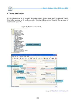                                     Smart Suite ERP, CRM and SCM
                                                                    

8. Facturas del Proveedor


El procesamiento de las facturas del proveedor se lleva a cabo desde la opción Facturas y CxP
(Proveedor) ubicada en el árbol principal a Compras (Requisición-a-Factura). Esta ventana se
muestra en la figura 30.


                      Figura 30. Ventana Factura CxP.




                                                           *imagen de http://www.adempiere.com




                                             106
 