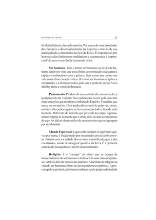25psicologia do espírito
tível à influência direta do espírito. Por causa de suas proprieda-
des favorece o desenvolvimento do Espírito e através de sua
manipulação a apreensão das leis de Deus. É responsável por
boa parte dos fenômenos mediúnicos e sua presença é impres-
cindível para a ocorrência da maioria deles.
Ser humano. Uso o termo ser humano ao invés de ho-
mem, tendo em vista que essa última denominação usada para a
espécie confunde-se com o gênero, bem como por conter um
viés masculino característico. O termo ser humano se aplica a
encarnados e a desencarnados, pois que a perda do corpo físico
não lhe altera a condição humana.
Pensamento. Produto da necessidade de comunicação, a
qual procede do Espírito. Sua elaboração ocorre pela conexão
entre emoções que recebem o influxo do Espírito. É matéria que
nasce no perispírito. Ele é traduzido através de palavras, sinais,
mímica, alterações orgânicas, bem como por todo o tipo de ação
humana. Diferente do instinto que procede do corpo, o pensa-
mentoorigina-sedamentequeoemitecomousemaconsciência
do ego.As idéias são reuniões de pensamentos que se agrupam
porsimilaridade.
MundoEspiritual.Lugarondehabitamosespíritoseque,
vez por outra, é freqüentado por encarnados em desdobramen-
to. Possui uma sociedade tão ou mais estratificada que a dos
encarnados, sendo tão desigual quanto a da Terra. É a primeira
estação de passagem aos recém desencarnados.
Religião. É o “campo” do saber que se ocupa da
transcendência do ser humano e da busca de suas raízes espiritu-
ais.Atravésdelaelerealizasuaessência.Aincursãodareligiãona
vida do ser humano é fruto de sua ascendência espiritual.Apro-
cura pelo espiritual, pelo transcendente e pela própria divindade
 