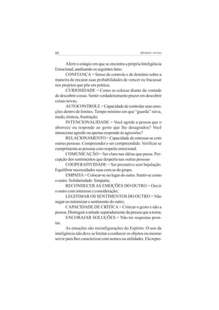 88 adenáuer novaes
Aferir o estágio em que se encontra a própria Inteligência
Emocional,analisandoosseguintesitens:
CONFIANÇA = Senso de controle e de domínio sobre a
maneira de encarar suas probabilidades de vencer ou fracassar
nos projetos que põe em prática;
CURIOSIDADE = Como se colocar diante da vontade
de descobrir coisas. Sentir verdadeiramente prazer em descobrir
coisasnovas;
AUTOCONTROLE=Capacidadedecontrolarsuasemo-
ções dentro de limites. Tempo mínimo em que “guarda” raiva,
medo,tristeza,frustração;
INTENCIONALIDADE = Você agride a pessoa que o
aborrece ou responde ao gesto que lhe desagradou? Você
intenciona agredir ou apenas responde às agressões?
RELACIONAMENTO = Capacidade de entrosar-se com
outras pessoas. Compreender e ser compreendido. Verificar se
cumprimentaaspessoascomrespeitoemocional.
COMUNICAÇÃO = Ser claro nas idéias que passa. Per-
cepção dos sentimentos que desperta nas outras pessoas
COOPERATIVIDADE = Ser prestativo sem bajulação.
Equilibrar necessidades suas com as do grupo.
EMPATIA=Colocar-senolugardooutro.Sentir-secomo
o outro. Solidariedade. Simpatia;
RECONHECER AS EMOÇÕES DO OUTRO = Ouvir
o outro com interesse e consideração;
LEGITIMAR OS SENTIMENTOS DO OUTRO = Não
negarouminimizarosentimentodooutro;
CAPACIDADE DE CRÍTICA= Criticar o gesto e não a
pessoa.Distinguiraatitudeseparadamentedapessoaqueatoma;
ENCORAJAR SOLUÇÕES = Não ter respostas pron-
tas.
As emoções são reconfigurações do Espírito. O uso da
inteligência não deve se limitar a conhecer os objetos ou mesmo
servir para lhes caracterizar com nomes ou utilidades. Ela repre-
 
