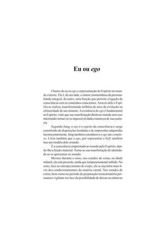 Eu ou ego
Chamo de eu ou ego a representação do Espírito no mun-
do externo. Ele é, de um lado, a síntese momentânea da persona-
lidade integral, do outro, uma função que permite a ligação da
consciência com os conteúdos conscientes.Através dele o Espí-
rito se realiza, transformando milhões de anos de evolução na
efemeridade de um instante.Aexistência do ego é fundamental
aoEspírito,vistoquesuamanifestaçãodiretanomundosemesse
intermédio tornar-se-ia impossível dada a natureza de sua essên-
cia.
Segundo Jung, o ego é o sujeito da consciência e surge
constituído de disposições herdadas e de impressões adquiridas
inconscientemente.Jungtambémconsideravaoegoumcomple-
xo. Creio também que o ego, por representar o Self, também
trazummodelodeleoriundo.
É a consciência emprestada ao mundo pelo Espírito, dan-
do-lhe a feição material. Torna-se sua manifestação de identida-
de ao se apresentar ao mundo.
Mesmo durante o sono, nos estados de coma, na idade
infantil,eleestápresente,aindaquetemporariamenteinibido.No
sono, face ao entorpecimento do corpo, ele se encontra mais li-
vre dos condicionamentos da matéria carnal. Nos estados de
coma, bem como no período de preparação reencarnatória per-
manecevigilanteemfacedapossibilidadededeixarouentrarno
 