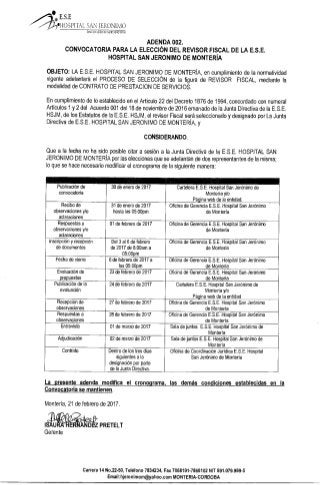 ADENDA 002 - Convocatoria para la elección del revisor Fiscal de la E.S.E Hospital San Jerónimo de Montería 