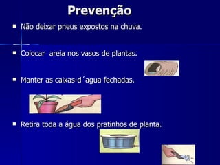 Prevenção Não deixar pneus expostos na chuva. Colocar  areia nos vasos de plantas. Manter as caixas-d´agua fechadas. Retira toda a água dos pratinhos de planta. 