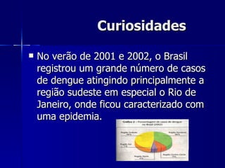 Curiosidades No verão de 2001 e 2002, o Brasil registrou um grande número de casos de dengue atingindo principalmente a região sudeste em especial o Rio de Janeiro, onde ficou caracterizado com uma epidemia.  