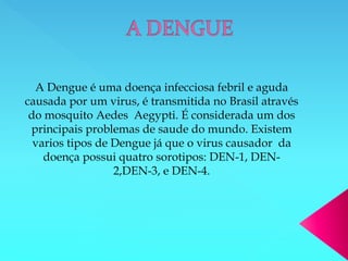 A Dengue é uma doença infecciosa febril e aguda
causada por um virus, é transmitida no Brasil através
do mosquito Aedes Aegypti. É considerada um dos
principais problemas de saude do mundo. Existem
varios tipos de Dengue já que o virus causador da
doença possui quatro sorotipos: DEN-1, DEN-
2,DEN-3, e DEN-4.
 