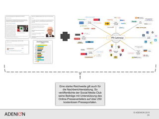 © ADENION 2015
24
Eine starke Reichweite gilt auch für
die Nachberichterstattung. So
veröffentlichte der Social Media Club
seine Beiträge mit Unterstützung des
Online-Presseverteilers auf über 250
kostenlosen Presseportalen.
 