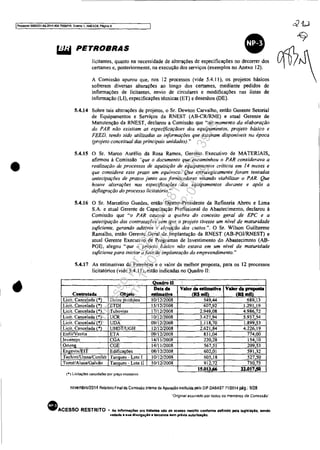 IPmceuo 50833S1-89.2014.404.70001PR, Evento 1. ANEXOS. Pégina 9
•
• ici
• ~
PE~:::~::na necessidade de alterações de especificações no decorrer dos r{-(l,
certames e, posterionnente, na execução dos serviços (exemplos no Anexo 12). V VI
A Comissão apurou que, nos 12 processos (vide 5.4.11), os projetos básicos
sofreram diversas alterações ao longo dos certames, mediante pedidos de
infonnações de licitantes, envio de circulares e modificações nas listas de
infonnação (LI), especificações técnicas (ET) e desenhos (DE).
5,4,14 Sobre tais alterações de projetos, o Sr. Dewton Carvalho, então Gerente Setorial
de Equipamentos e Serviços da RNEST (AB-CR/RNE) e atual Gerente de
Manutenção da RNEST, declarou a Comissão que "no momento da elaboração
do PAR não existiam aS especificaçãoes dos equipamentos. projelO básico e
FEED, tendo sido utilizadas ao;; informações que estavam disponíveis nu época
(projeto conceitual das principais unidades)."
5.4.15 O Sr. Marco Aurélio da Rosa Ramos, Gerente Executivo de MATERIAIS,
afinnou à Comissão "que o documento que encaminhou o PAR considerava a
realização de processos de aquisição de equipamentos críticos em 14 meses e
que considera esse prazo um equívoco. Que estrategicamente foram tentadas
antecipações de prazos junto aos fornecedores visando viaMlizar o PAR. Que
houve alterações nas especificações dos equipamentos durante e após a
deflagração do processo licita/ório."
5.4.16 O Sr. Marcelino Guedes, então Diretor-Presidente da Refinaria Abreu e Lima
S.A. e atual Gerente de Capacitação Profissional do Abastecimento, declarou à
Comissão que "o PAR causou a quehra do conceito geral de EPC e a
antecipação das contratações sem que o projeto tivesse um nível de maturidade
suficiente, gerando aditivos e elevação dos custos.". O Sr. Wilson Guilhenne
Ramalho, então Gerente Geral de Implantação da RNEST (AB-PGIIRNEST) e
atual Gerente Executivo de Programas de Investimento do Abastecimnto (AB·
PGl), a1egou "que () projt!lo básico não estava em um nível de maturidade
suficiente para iniciar ufase de implantação do empreendimento."
5.4.17 As estimativas da Petrobras e o valor da melhor proposta, para os 12 processos
licitatórios (vide 5.4.11), estão indicadas no Quadro 11:
"
"
Ih......
V.lor~ mIJ) , , •
.ObJeto. wmm(' IDutos I')/12/200: 54'1,44 689,
iei r- I E' DI lc j/12/200: 60'',92 ].291
r 11112/2001
I Licit. 1(' IUCR 1Oil ?J700R 5.937.54
!Licit.r 1(° IUDA 09112/2008 1.118,70 1.899,53
ILicit. 1(' 12/121200 2.621,84 4. '26
,EnfilNcolia IETA Jl!II121200 831,04 '74
ICGA 141111200 220 .54
,Oneng ICGE lifIII2008 567,: 209 ,53
602, 591 .32
,·LoteI 605,18 ~27"
'ºTanques· Lote 11 912,72 730, '5
•) LICitaçõeS canceladas por preço excessIvo
novembro12014 Aelatôrio Final da Comissão Intema de Apuração instituida pelo OIP DABAST 7112014 pág.: 9/28
"Origln.al assmado por todos os membros da COmissão'
• ACESSO RESTRITO .. As InfonnaçOu ora tratad•••ao de aC8880 restrito çonfanna definido P&l1iII le9ls1lçlO, sendo
vedlda 1 eua dlvulgaçlo 1 terceiro. sem prévia .utorlzlçlo.
Impressopor:025.287.681-41Inq3979
Em:10/05/2016-02:04:19
 