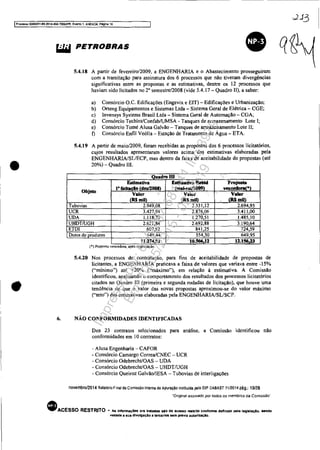 IProces,o 5083351089.2014..lJ04.70C0JPR. EVllMO 1. ANEX08, P~lna 10
•
•
w.. PETROBRAS
5.4.18 A partir de fevereiro/2009, a ENGENHARIA e o Abastecimento prosseguiram
com a tramitação para assinatura dos 6 processos que não tiveram divergências
significativas entre as propostas e as estimativas, dentre os 12 processos que
haviam sido licitados no 2' semestre1200S (vide 5.4.17 - Quadro 11), a saber:
a) Consórcio O.c. Edificações (Engevix e EIT) - Edificações e Urbanização;
b) Orteng Equipamentos e Sistemas Ltda - Sistema Geral de Elétrica - CGE;
c) Invensys Systems Brasil Ltda - Sistema Geral de Automação - CGA;
d) Consórcio Techint/ConfablUMSA - Tanques de armazenamento Lote I;
e) Consórcio Tomé Alusa Galvâo - Tanques de armazenamento Lote 11;
f) Consórcio Enfil Veólia - Estação de Tratamento de Água - ETA.
5.4.19 A partir de maio/2009, foram recebidas as propostas dos 6 processos licitatórios,
cujos resultados apresentaram valores acima das estimativas elaboradas pela
ENGENHARIA/SL/ECP, mas dentro da faixa de aceitabilidade de propostas (até
20%) - Quadro m.
. 'Quadrom .
EstImativa Estimativa Rebid 'ProPosta
Objeto
l'lidtIOelo (dezlZOO8) .(aiai-ml1009) "eu' .')
Valor Valor
::18:."IR$ mil) .
:fRSmll)
Tubovias 2.949,08 2.331,12 2.694,95
UCR 3.427,94 2.87606 3.411,00
UDA 1.118,70 1.270,51 1.485,10
UHDTIUGH 2.621,84 2.692,88 3,19064
ETDI 607,92 841,25 724,59
Dutos de produtos 54Q,44 554,30 649,95
11.l74;92 10.566 12 U.l!J6;Z3
•( ) PrOp05tu ern::edora, apos n~goclação.
5.4.20 Nos processos de contratação, para fins de aceitabilidade de propostas de
licitantes, a ENGENHARIA praticava a faixa de valores que variava entre -15%
("mínimo") até +20% ("máximo"), em relação à estimativa. A Comissão
identificou, analisando o comportamento dos resultados dos processos licitatórios
citados no Quadro III (primeira e segunda rodadas de licitação), que houve uma
tendência de que o valor das novas propostas aproximou-se do valor máximo
("teto") das estimativas elaboradas pela ENGENHARWSL/SCP.
6. NÃO CONFORMIDADES IDENTIFICADAS
Dos 23 contratos selecionados para análise, a Comissão identificou não
confonnidades em 10 contratos:
- Alusa Engenharia - CAPOR
- Consórcio Camargo Correa/CNEC - UCR
- Consórcio Odebrecht/OAS - UDA
- Consórcio Odebrecht/OAS - UHDT/UGH
- Consórcio Queiroz Galvão/lESA - Tubovias de interligações
novembro/2014 Relatório Final da Comissão Intema de Apuração instituida pelo olP DABAST 7112014 pàg.: 10/28
"Onginal assmado por todos os membros da Comissão"
• ACESSO RESTRITO .. As jnfonnaç6es ora tratadas da de ace.so rettrllO confonne definidO pela l&gi$laçlo. Mndo
vedada a sua dlvutgaC;lIo a terceiros sem prévia autorizaçlo.
Impressopor:025.287.681-41Inq3979
Em:10/05/2016-02:04:19
 