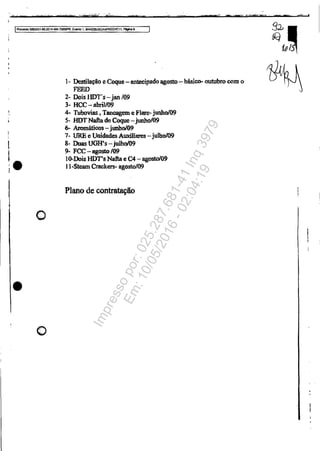 ·t·· , r e i _... r t • =u' m M; M
IProcesso 5063351~.201".oi04.7OOOtPR, EVMtO 1.IAA.NOSUSCMPREENCll, PagN9
o
•
o
1- Destilação e Coque -lIlltecipadoagosto- básico- outubro com )
FPlID
2- DoislJDT's- jllll/09
3- HCC - abrill09
4- Tubovias. Tancagem e Flare-jUllbo/09
5- HOTNafta de Coque- junhoI09
6- Aromáticos- junho/09
7- mE e Unidades Auxiliares- julholO9
8- Duas UOH's - julholO9
9- FCC - agosto109
10-Dois ROT's Naftae C4-agostolO9
ll-Steam Crackers- agostol09
Plano de contratação
Impressopor:025.287.681-41Inq3979
Em:10/05/2016-02:04:19
 