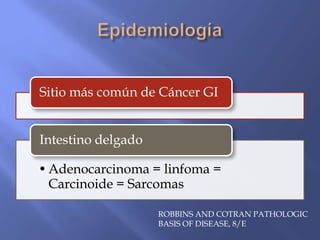 Sitio más común de Cáncer GI


Intestino delgado

• Adenocarcinoma = linfoma =
  Carcinoide = Sarcomas

                    ROBBINS AND COTRAN PATHOLOGIC
                    BASIS OF DISEASE, 8/E
 