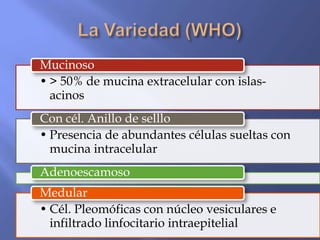 Mucinoso
• > 50% de mucina extracelular con islas-
  acinos
Con cél. Anillo de selllo
• Presencia de abundantes células sueltas con
  mucina intracelular
Adenoescamoso
Medular
• Cél. Pleomóficas con núcleo vesiculares e
  infiltrado linfocitario intraepitelial
 