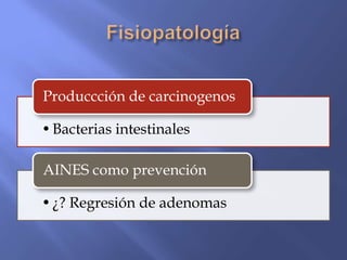 Produccción de carcinogenos

• Bacterias intestinales

AINES como prevención

• ¿? Regresión de adenomas
 