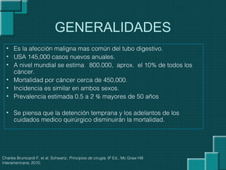 GENERALIDADES
• Es la afección maligna mas común del tubo digestivo.
• USA 145,000 casos nuevos anuales.
• A nivel mundial se estima 800.000, aprox. el 10% de todos los
cáncer.
• Mortalidad por cáncer cerca de 450,000.
• Incidencia es similar en ambos sexos.
• Prevalencia estimada 0.5 a 2 % mayores de 50 años
• Se piensa que la detención temprana y los adelantos de los
cuidados medico quirúrgico disminuirán la mortalidad.
Charles Brunicardi F, et al. Schwartz. Principios de cirugía, 9ª Ed., Mc Graw Hill
Interamericana; 2010.
 