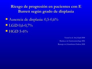 Riesgo de progresión en pacientes con E
         Barrett según grado de displasia
   Ausencia de displasia: 0,5-0,6%
   LGD 0,6-0,7%
   HGD 5-6%
                                            Yousef et al. Am J Epid 2008
                                      Sharma et al. Gastroenterology 2006
                                  Rastogi et al. Gastriintest Endosc 2008
 