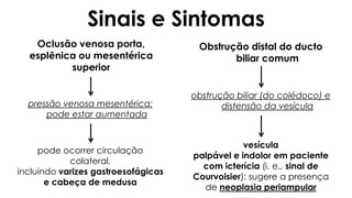 Sinais e Sintomas
Oclusão venosa porta,
esplênica ou mesentérica
superior
pressão venosa mesentérica:
pode estar aumentada
pode ocorrer circulação
colateral,
incluindo varizes gastroesofágicas
e cabeça de medusa
obstrução biliar (do colédoco) e
distensão da vesícula
vesícula
palpável e indolor em paciente
com icterícia (i. e., sinal de
Courvoisier): sugere a presença
de neoplasia periampular
Obstrução distal do ducto
biliar comum
 