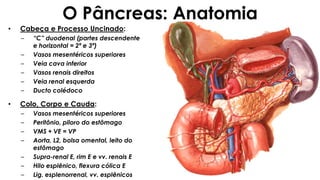 O Pâncreas: Anatomia
• Cabeça e Processo Uncinado:
– “C” duodenal (partes descendente
e horizontal = 2ª e 3ª)
– Vasos mesentéricos superiores
– Veia cava inferior
– Vasos renais direitos
– Veia renal esquerda
– Ducto colédoco
• Colo, Corpo e Cauda:
– Vasos mesentéricos superiores
– Peritônio, piloro do estômago
– VMS + VE = VP
– Aorta, L2, bolsa omental, leito do
estômago
– Supra-renal E, rim E e vv. renais E
– Hilo esplênico, flexura cólica E
– Lig. esplenorrenal, vv. esplênicos
 