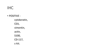 IHC
• POSITIVE -
cytokeratin,
CEA,
vimentin,
actin,
S100,
CD-117,
c-kit.
 