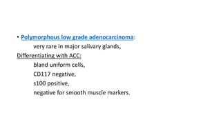 • Polymorphous low grade adenocarcinoma:
very rare in major salivary glands,
Differentiating with ACC:
bland uniform cells,
CD117 negative,
s100 positive,
negative for smooth muscle markers.
 