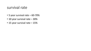survival rate
• 5 year survival rate – 60-70%
• 10 year survival rate – 30%
• 15 year survival rate – 15%
 