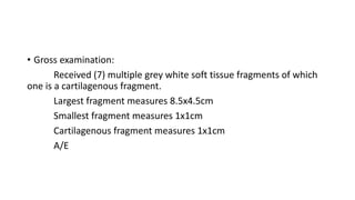 • Gross examination:
Received (7) multiple grey white soft tissue fragments of which
one is a cartilagenous fragment.
Largest fragment measures 8.5x4.5cm
Smallest fragment measures 1x1cm
Cartilagenous fragment measures 1x1cm
A/E
 