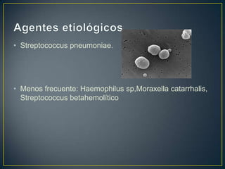 • Streptococcus pneumoniae.




• Menos frecuente: Haemophilus sp,Moraxella catarrhalis,
  Streptococcus betahemolítico
 