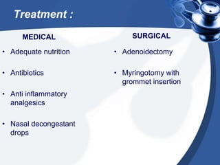 Treatment :
MEDICAL
• Adequate nutrition
• Antibiotics
• Anti inflammatory
analgesics
• Nasal decongestant
drops
SURGICAL
• Adenoidectomy
• Myringotomy with
grommet insertion
 