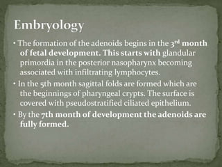 • The formation of the adenoids begins in the 3rd month
of fetal development. This starts with glandular
primordia in the posterior nasopharynx becoming
associated with infiltrating lymphocytes.
• In the 5th month sagittal folds are formed which are
the beginnings of pharyngeal crypts. The surface is
covered with pseudostratified ciliated epithelium.
• By the 7th month of development the adenoids are
fully formed.
 