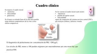 Cuadro clínico
En mujeres el cuadro inicial:
• amenorrea
• infecundidad
• galactorrea.
Si el tumor se extiende fuera de la silla turca pueden
surgir defectos campimétricos de la vista u otros
efectos compresivos.
En los varones el cuadro inicial suele incluir:
• impotencia
• pérdida del apetito sexual
• infecundidad
signos de compresión del sistema nervioso central (SNC),
que incluyen cefaleas y defectos visuales
El diagnóstico de prolactinoma con concentración de PRL >200 μg/L.
Los niveles de PRL menor a 100 pueden originarse por macroadenomas por esta raxon hay que
practicar RM.
 