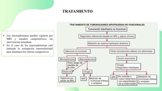 TRATAMIENTO
 Los microadenomas pueden vigilarse por
MRI y estudios campimétricos sin
intervención inmediata.
 En el caso de los macroadenomas está
indicada la extirpación transesfenoidal
para disminuir los efectos compresivos
 