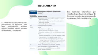 TRATAMIENTO
La administración de hormonas como
procedimiento de reposición, entre
otras, glucocorticoides, hormona
tiroidea, esteroides sexuales, hormona
de crecimiento y vasopresina.
Los regímenes terapéuticos que
remedan la producción fisiológica de
hormonas permiten que se conserve la
homeostasis clínica satisfactoria
 
