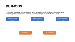 DEFINICIÓN
El adenoma hipofisario es una neoplasia benigna del lóbulo anterior de la hipófisis que causa
síntomas, ya sea por secreción excesiva de hormonas o por un efecto de masa local .
Microadenoma
<1cm
Macroadenoma
>1cm
Adenoma gigante
>4cm
Secretores No secretores
 