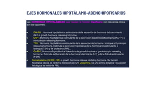 EJES HORMONALES HIPOTÁLAMO-ADENOHIPOFISARIOS
Las HORMONAS HIPOTALÁMICAS que regulan la función hipofisaria con relevancia clínica
son las siguientes:
 GH-RH : Hormona hipotalámica estimulante de la secreción de hormona del crecimiento
(GH) o growth hormone releasing hormone.
 CRH : Hormona hipotalámica estimulante de la secreción deadrenocorticotropina (ACTH) o
corticotropin releasing hormone.
 TRH : Hormona hipotalámica estimulante de la secreción de hormona tirotropa o thyrotropin
releasing hormone. Estimula la secreción hipofisaria de la hormona tiroestimulante o
tirotropa (TSH) y de prolactina (PRL).
 Gn-RH : Hormona hipotalámica liberadora de gonadotropinas o gonadotropin releasing
hormone. Estimula la liberación de la hormona luteinizante (LH) y de la foliculoestimulante
(FSH).
 Somatostatina (GHRIH, SS) o growth hormone reléase inhibiting hormone. Su función
fisiológica básica es inhibir la liberación de GH, Dopamina. Es una amina biógena y su acción
fisiológica es inhibir la PRL
 