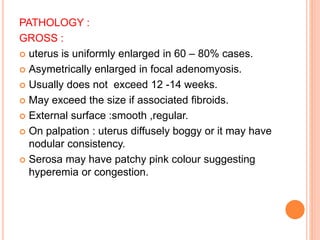 PATHOLOGY :
GROSS :
 uterus is uniformly enlarged in 60 – 80% cases.
 Asymetrically enlarged in focal adenomyosis.
 Usually does not exceed 12 -14 weeks.
 May exceed the size if associated fibroids.
 External surface :smooth ,regular.
 On palpation : uterus diffusely boggy or it may have
nodular consistency.
 Serosa may have patchy pink colour suggesting
hyperemia or congestion.
 