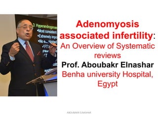 Adenomyosis
associated infertility:
An Overview of Systematic
reviews
Prof. Aboubakr Elnashar
Benha university Hospital,
Egypt
ABOUBAKR ELNASHAR
 