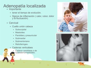 Adenopatía localizada


Importante





tener el tiempo de evolución.
Signos de inflamación ( calor, rubor, dolor
y la fluctuación)

Cervical


Cuello unión cabeza









Suboccipital
Mastoideo
Parotideo y preauricular
Submaxilar
Submentoniano
Retrofaringeo.

Cadenas verticalaes


Cadena carotideas o de
subesternomastoideo.

 