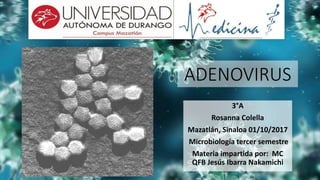 ADENOVIRUS
3°A
Rosanna Colella
Mazatlán, Sinaloa 01/10/2017
Microbiología tercer semestre
Materia impartida por: MC
QFB Jesús Ibarra Nakamichi
 